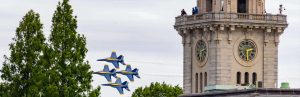 The Blue Angels flying over the USNA